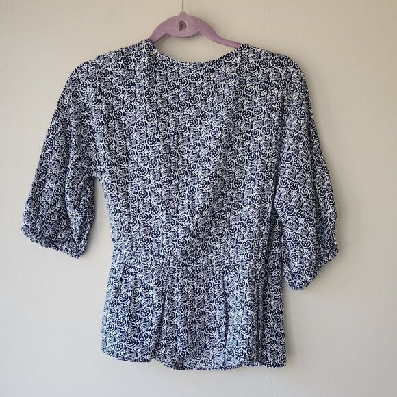 Talbots Navy Blue and White Wrap Style Blouse | Petite Small | Tie Belt - Picture 7 of 11